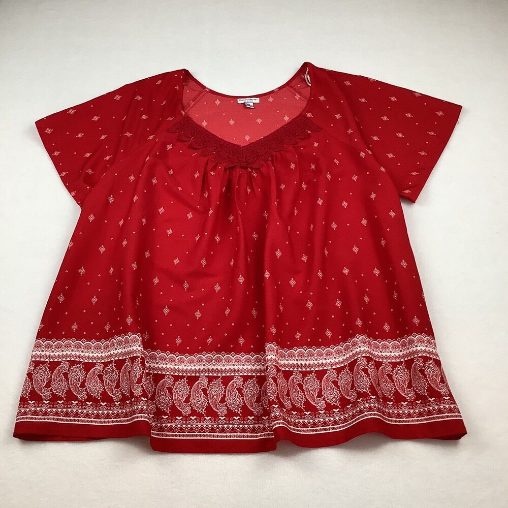 Rebecca‎ Malone Womens 1X Plus Size Top Shirt Red White Paisley Short Sleeves